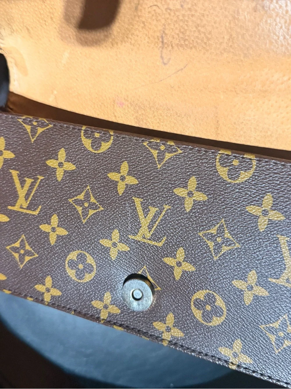 Louis Vuitton Monogram Canvas Shoulder Bag in Brown with Tan Strap. Used.